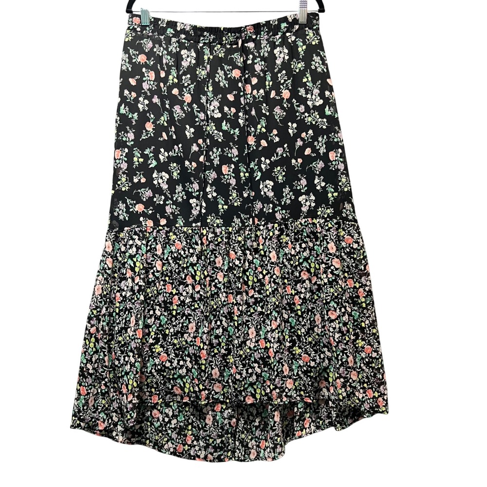 Westport‎ Floral Print Midi Skirt Black Multicolor Size M Elastic Waist Lined